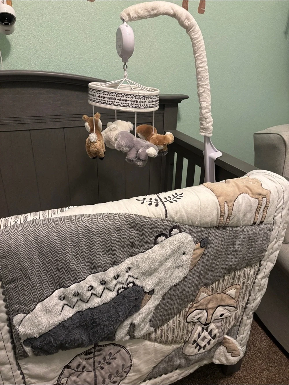 Plush Forest Animal Baby Crib Quilt Blanket - Gray & Cream and Mobile